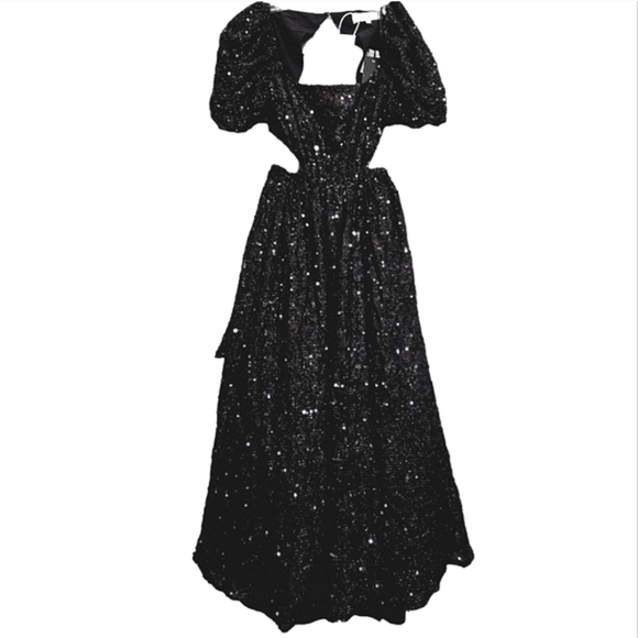 Elliatt Aubree Black Sequined Square Neck Knit Puffed Sleeve Cut Out Midi Dress - Picture 16 of 17